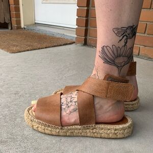 Women's Tan Leather Espadrille Sandals with Ankle Strap